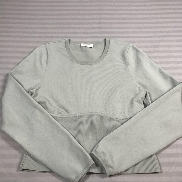 Aritzia Babaton Sweater Womens XL Sage Green Ribbed Peplum Long Sleeve Crewneck - Picture 1 of 11